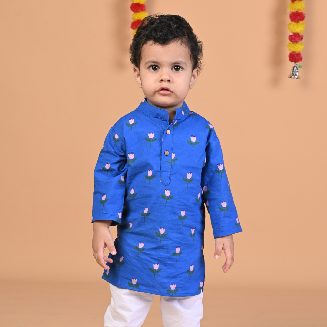 Pretty Flower Royal Blue Cotton Kurta Set