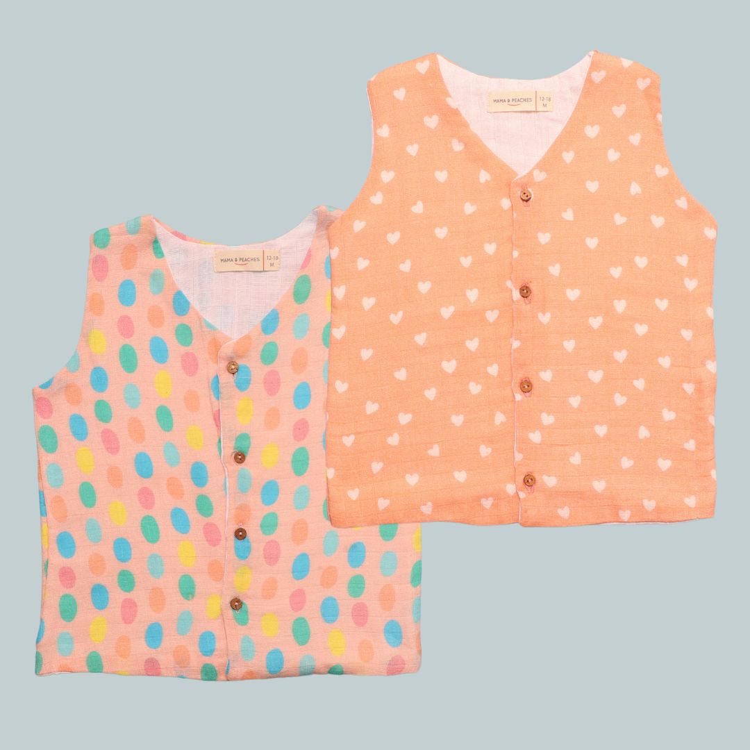 Muslin Vest 2pc Combo - Hearts & Colourful Polka