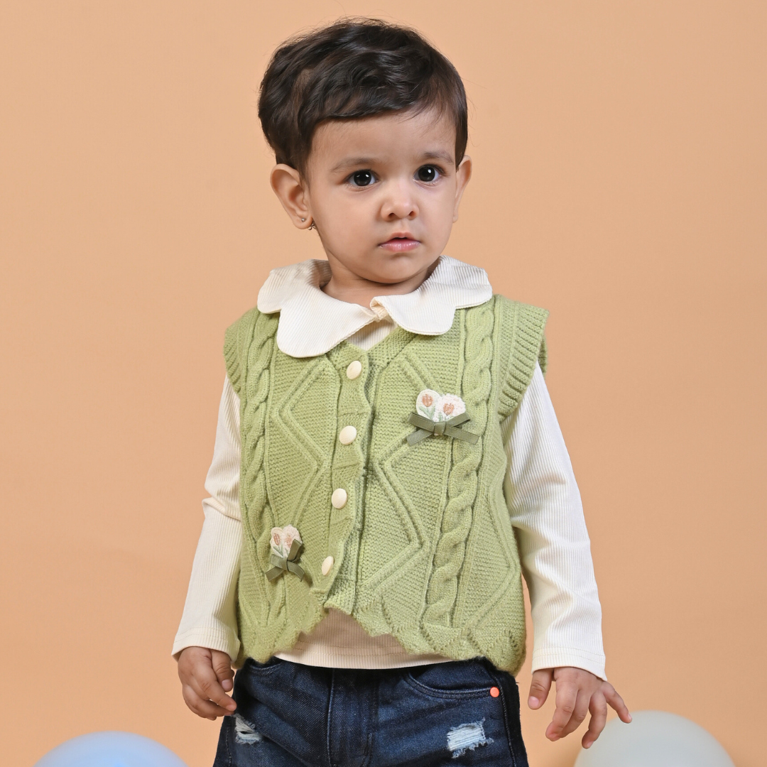 Flowers Cable knit Winter Sweater 2pc set Green - Main Image