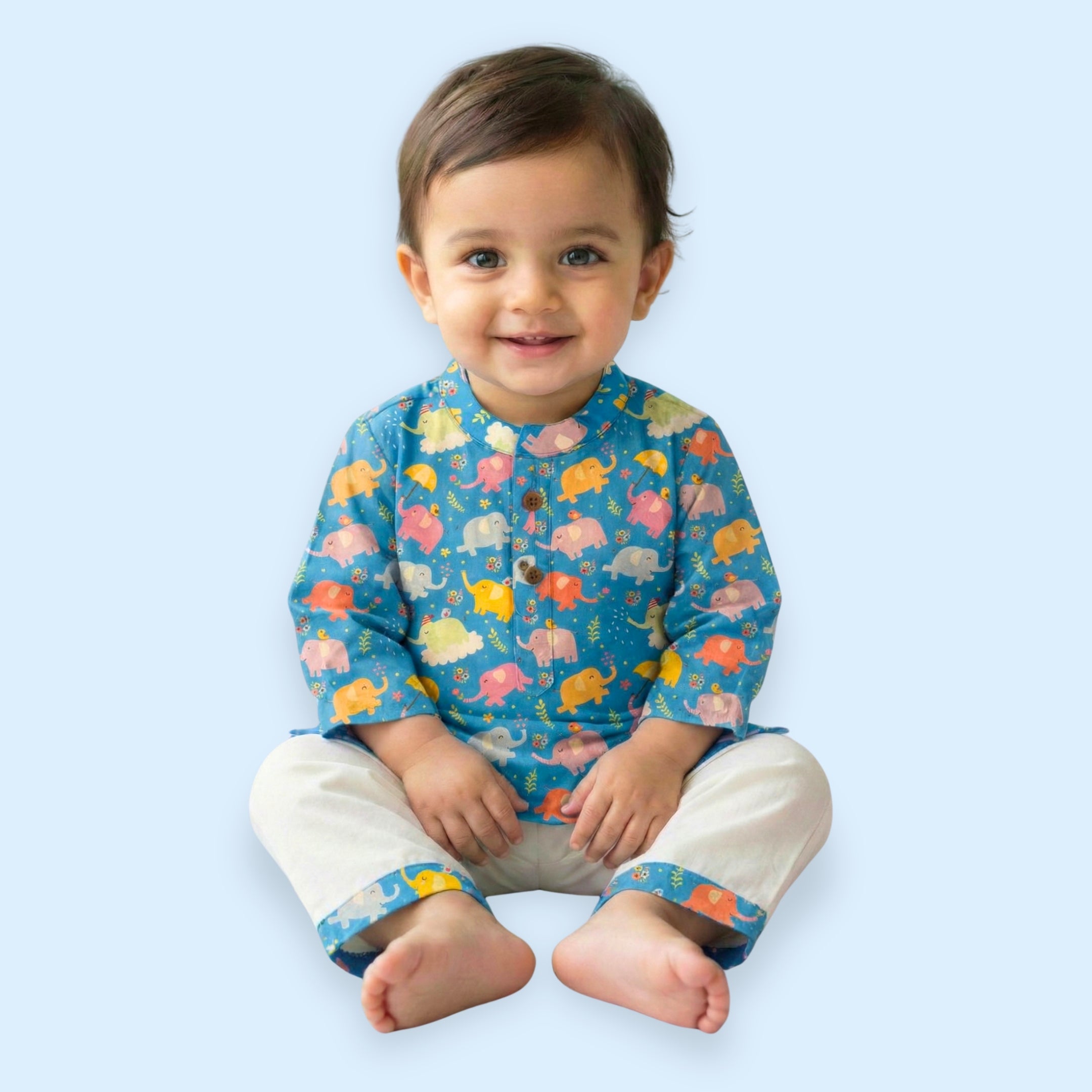 Dancing Elephants Blue Kurta Set