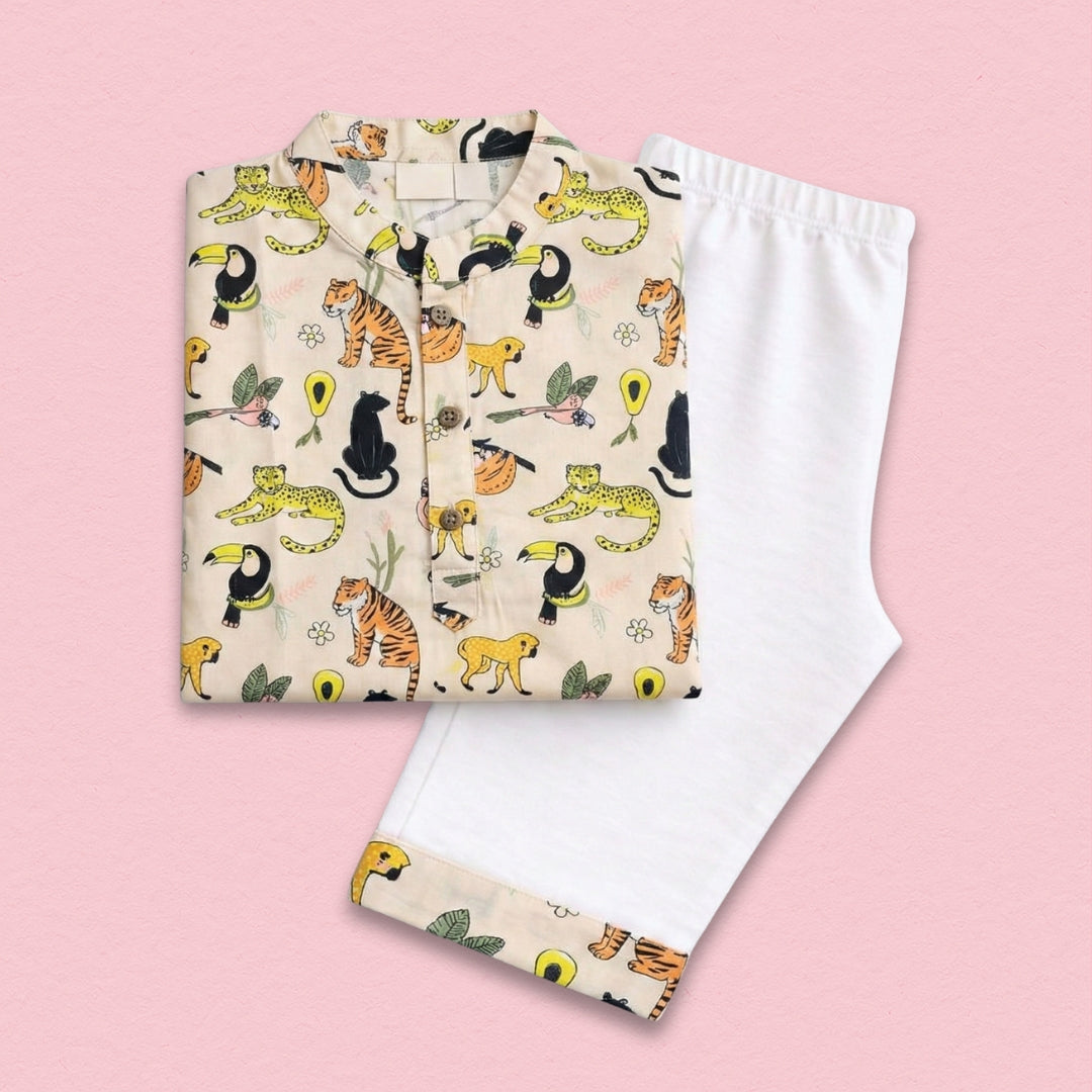 Rainforest Animals Cotton Kurta Set for kids featuring a vibrant jungle print with monkeys and parrots.