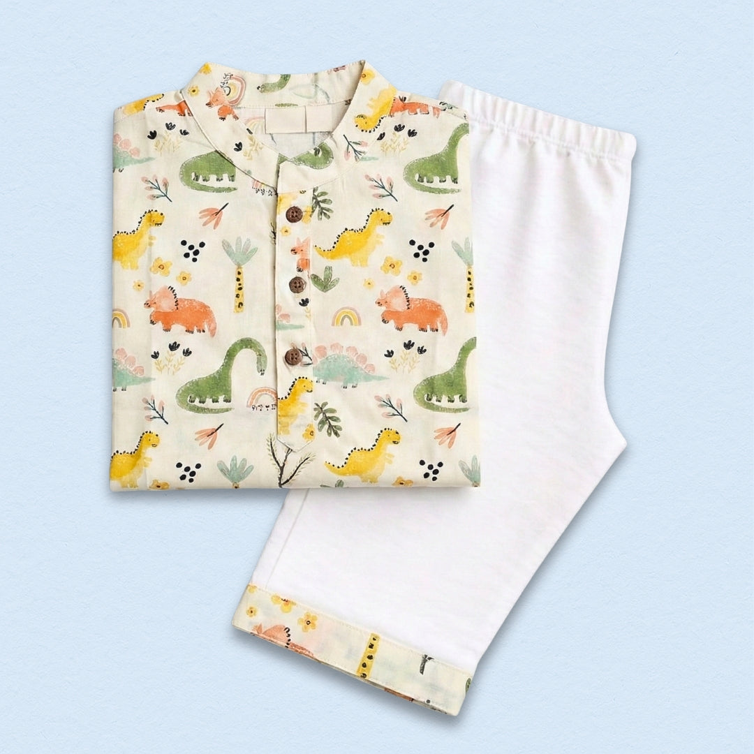 Dancing Dinosaurs Cotton Kurta Set for kids, featuring a vibrant print of playful dinosaurs on a comfortable cotton kurta