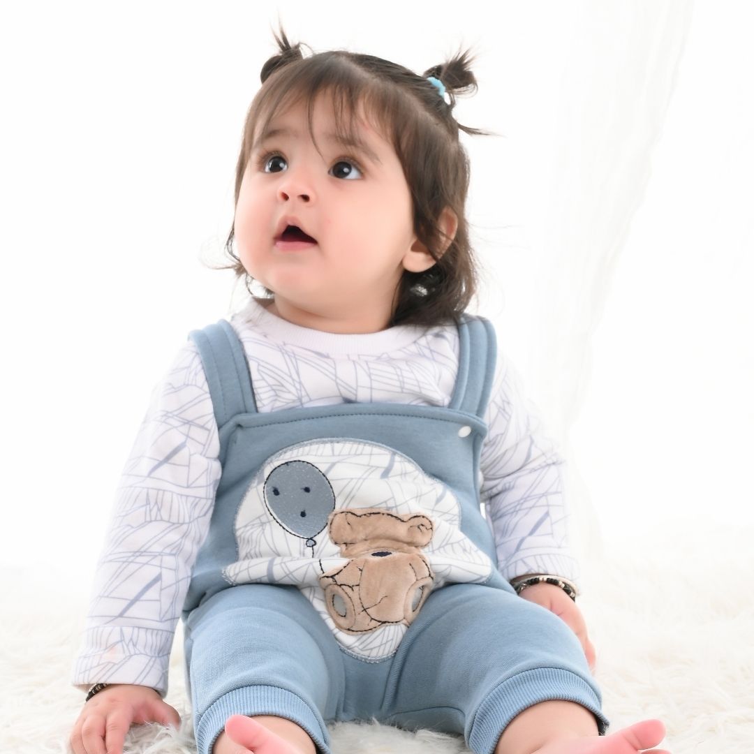 Blue Teddy 2-Pc Fleece Romper & Dungaree Set