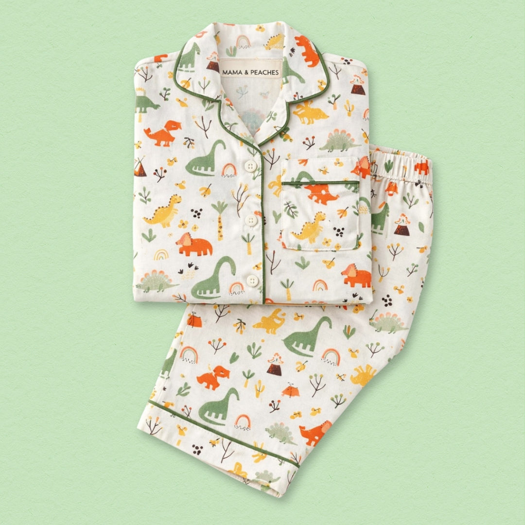 Dancing Dinosaur Full Sleeves Night Suit for kids, featuring a playful dinosaur print on blue fabric.