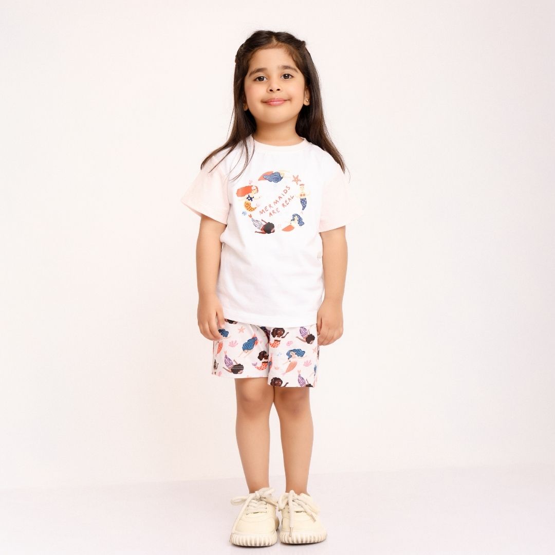 Mermaids Are Real Cotton T-Shirt & Shorts Set, featuring a white t-shirt with a mermaid graphic and matching blue shorts.