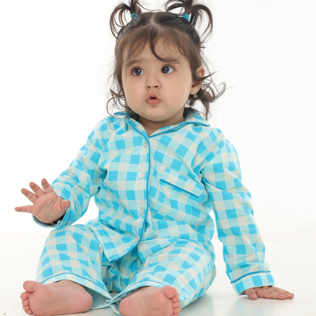 Blue Gingham Full Sleeves Night Suit