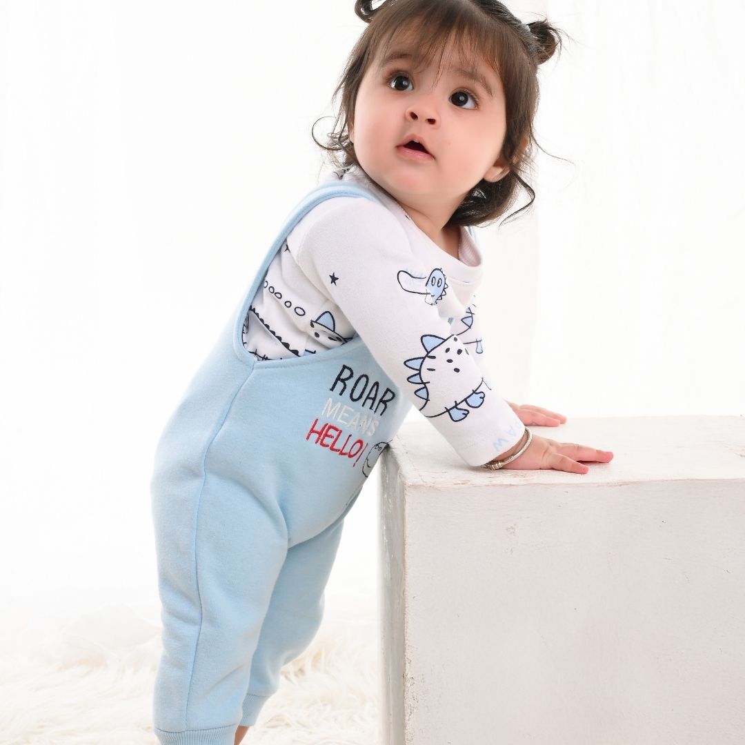 Blue Dino 2-Pc Fleece Romper & Dungaree Set