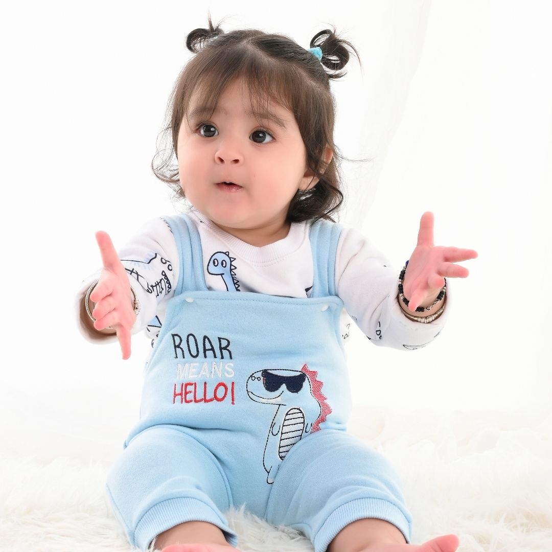 Blue Dino 2-Pc Fleece Romper & Dungaree Set
