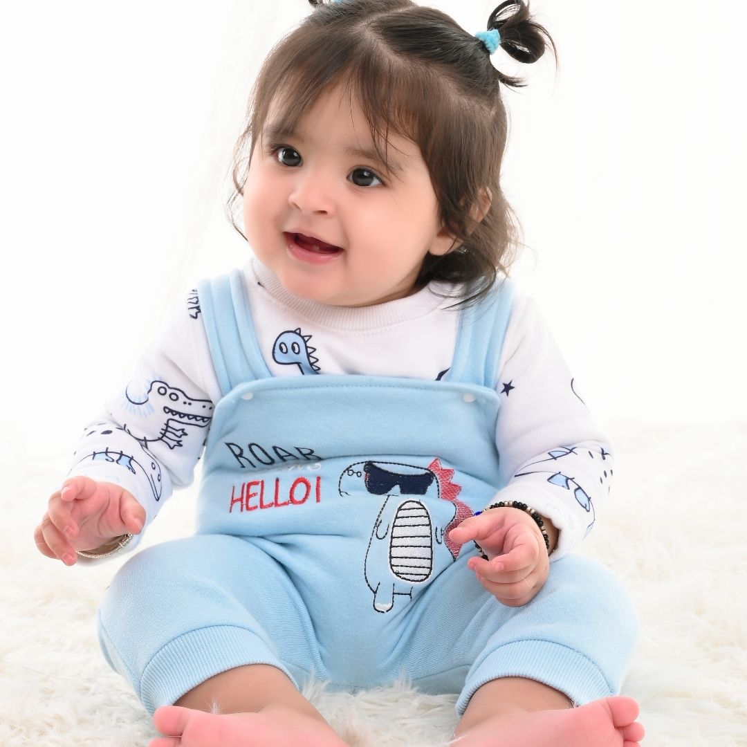 Blue Dino 2-Pc Fleece Romper & Dungaree Set