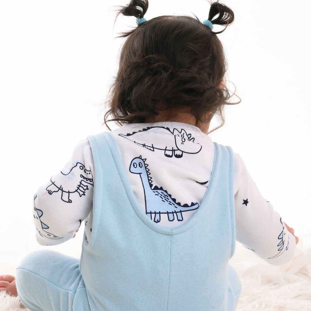 Blue Dino 2-Pc Fleece Romper & Dungaree Set