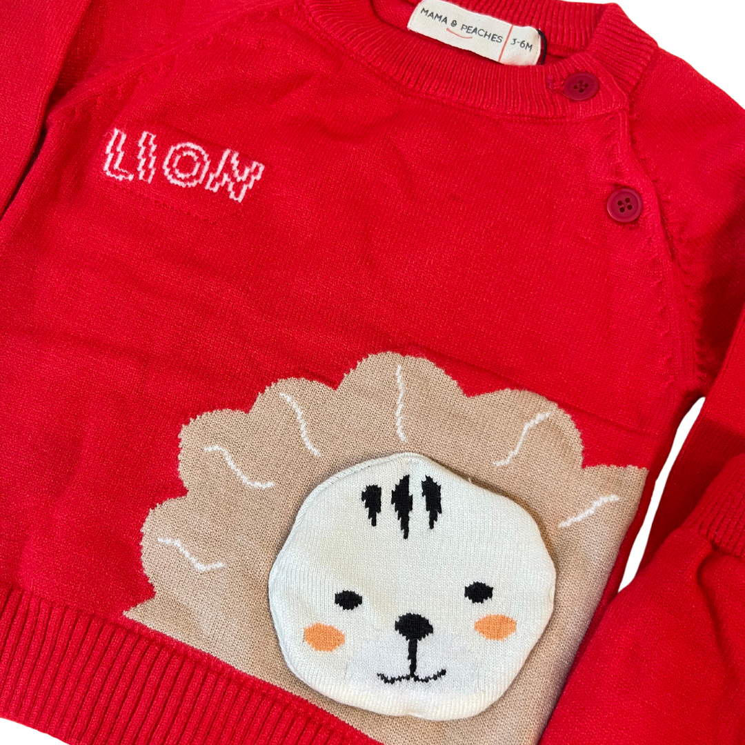 Lion Knitted Winter Co-Ord Set- Red