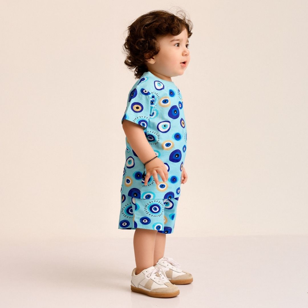 Blue Evil Eye Cotton T-Shirt & Shorts Set
