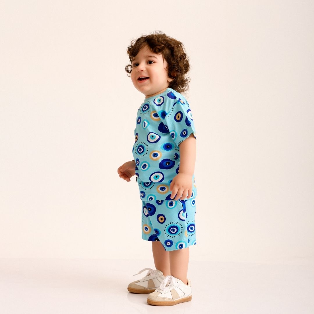 Blue Evil Eye Cotton T-Shirt & Shorts Set