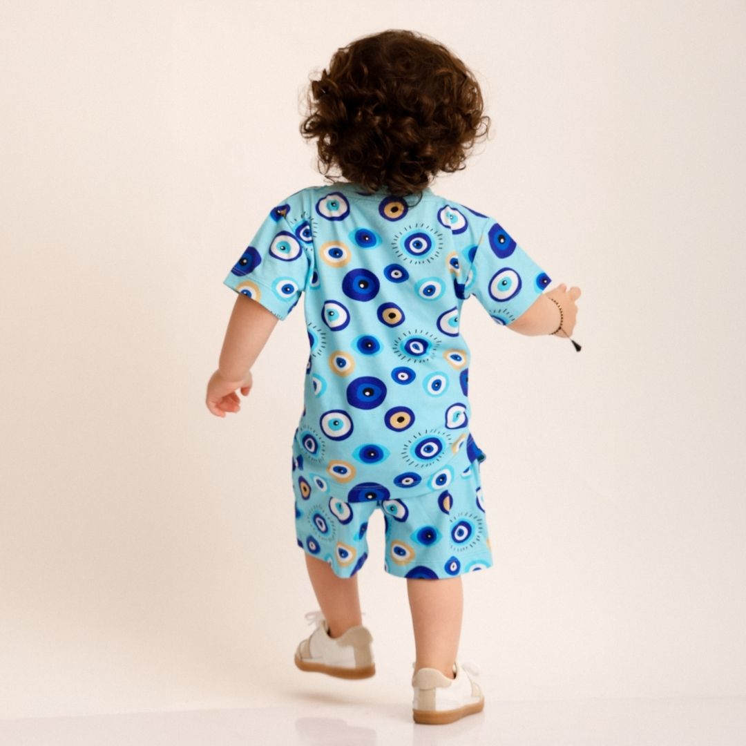Blue Evil Eye Cotton T-Shirt & Shorts Set