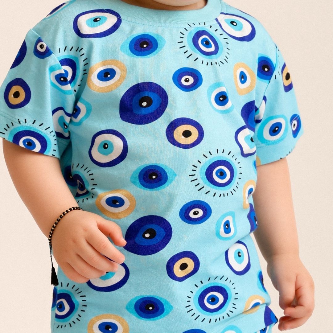 Blue Evil Eye Cotton T-Shirt & Shorts Set