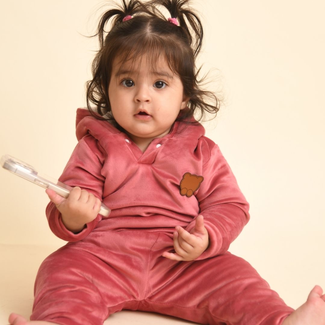 Rose Peach Teddy Velvet Co-ord Set with Sherpa