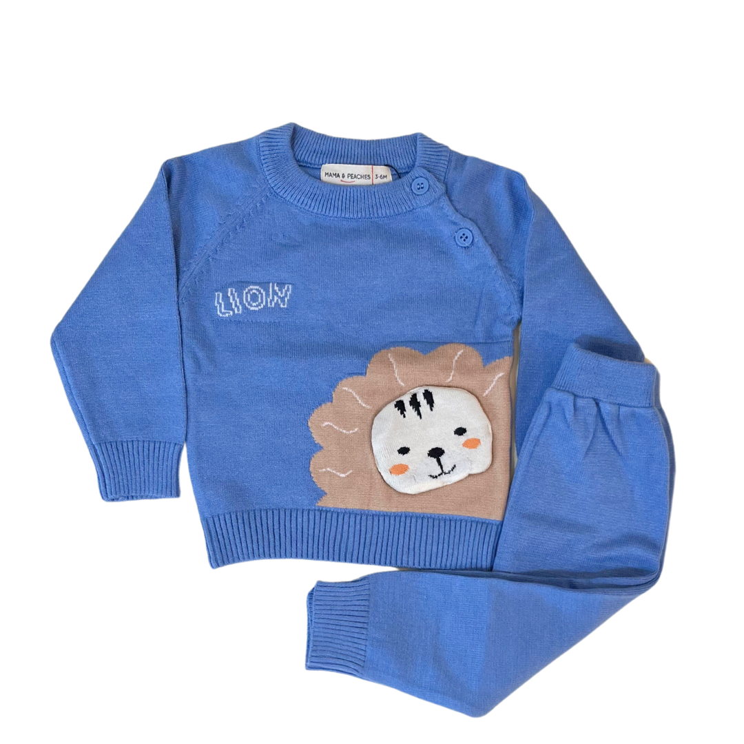 Lion Knitted Winter Co-Ord Set- Blue