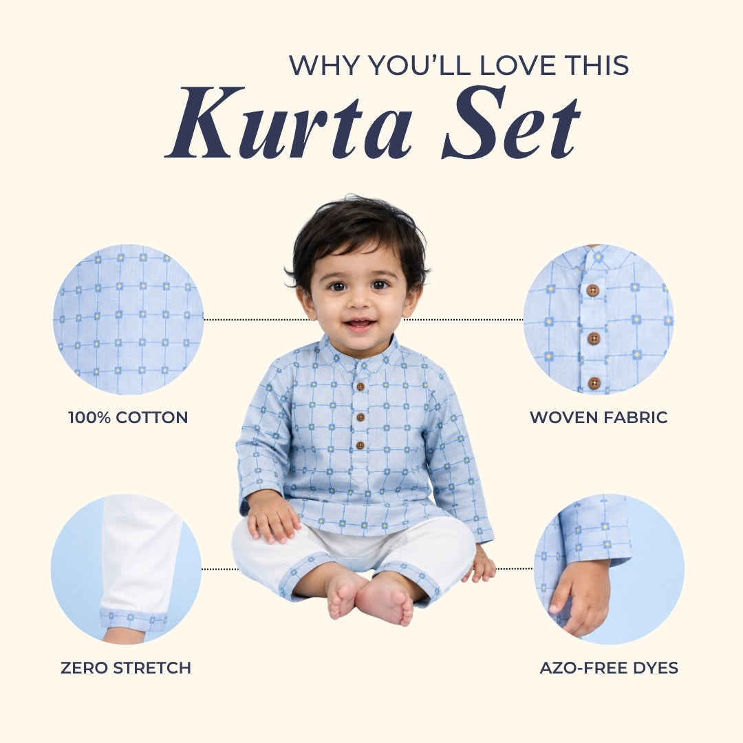 Soft Blue Flower Lattice Kurta Set
