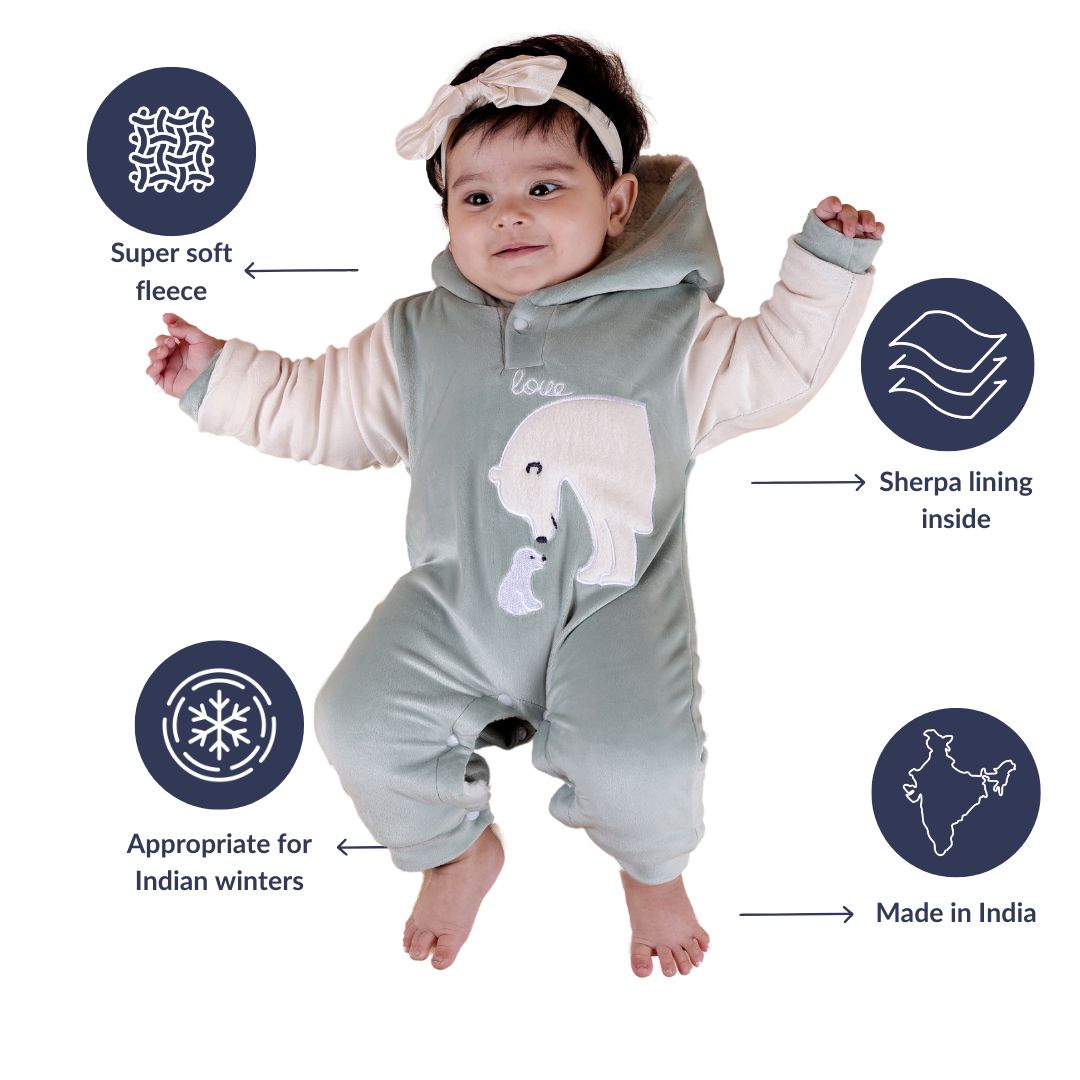 Polar Bear Velvet Romper with Sherpa - Mint