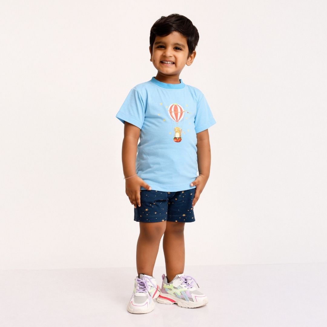 Dreamy Circus Cotton T-Shirt & Shorts Set featuring a whimsical animal print on a soft cotton fabric.