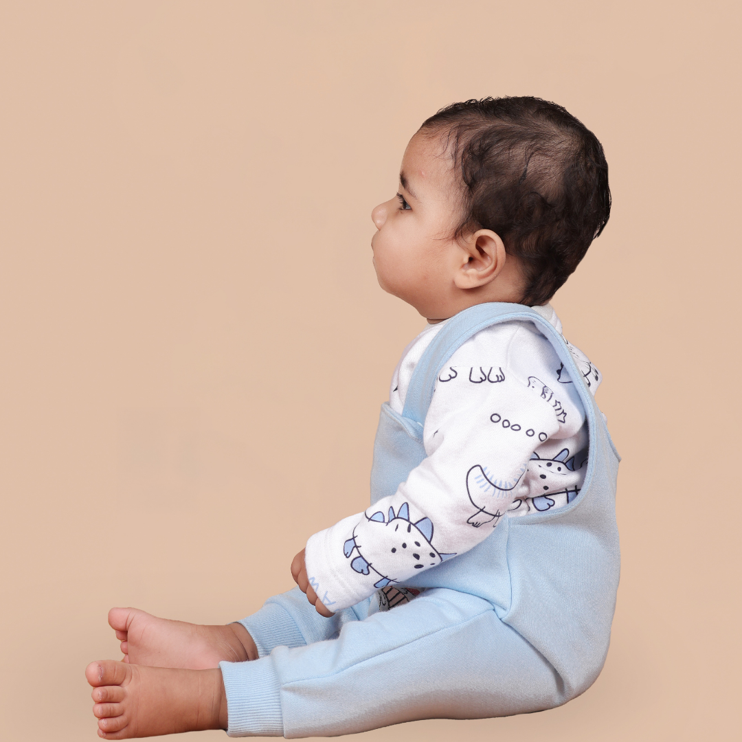 Blue Dino 2-Pc Romper Style Dungaree Set
