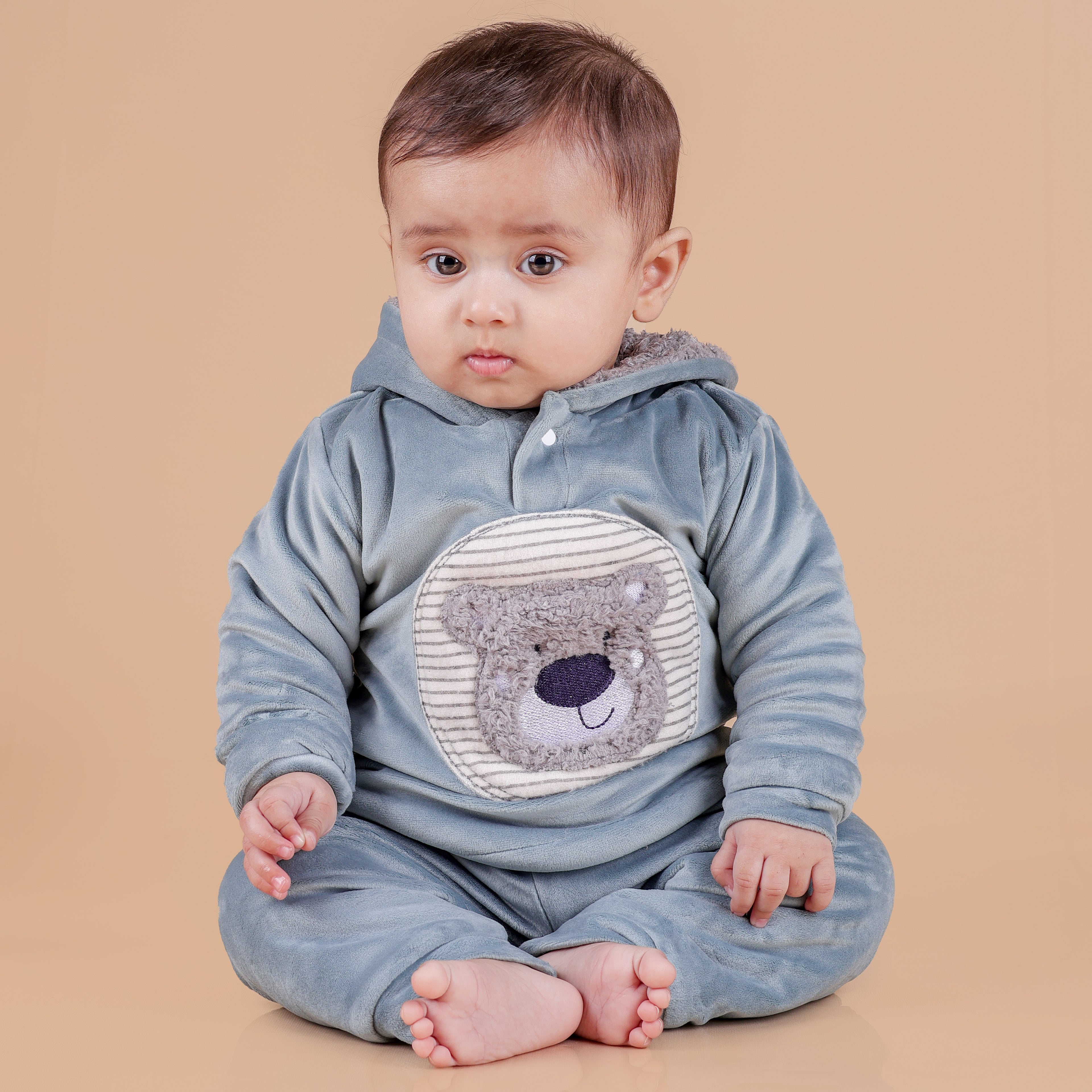 Teddy Bear Patch Velvet Winter Co-ord Set with Sherpa - Aqua