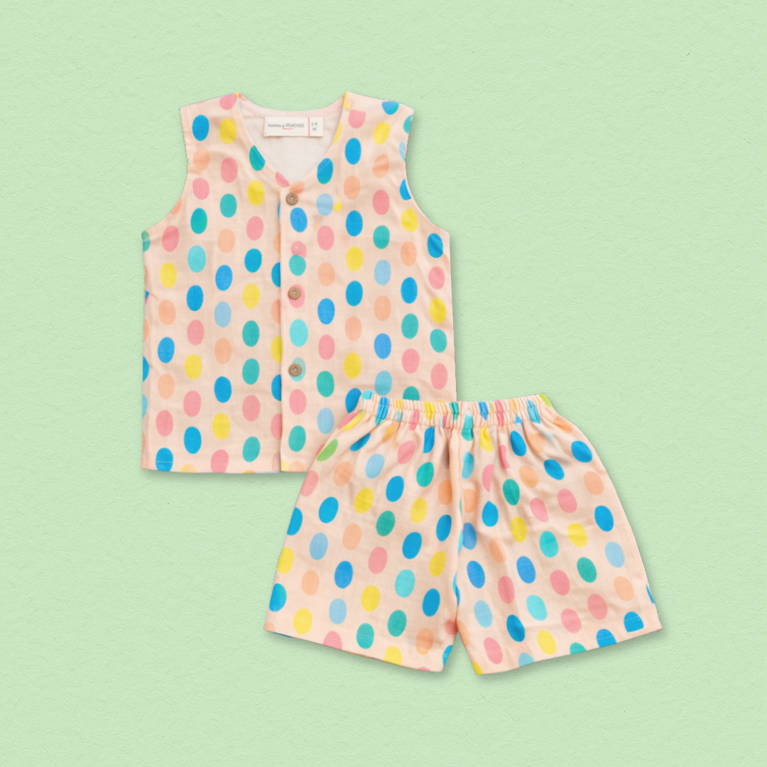 Colorful Polka Muslin Jhabla Top with Shorts