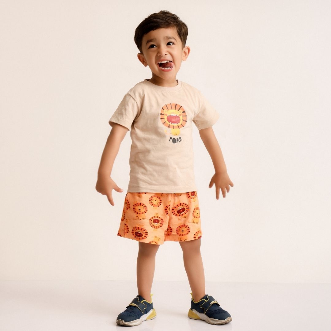 Roar Like A Lion Cotton T-Shirt & Shorts Set: boy in a graphic tee with a lion&