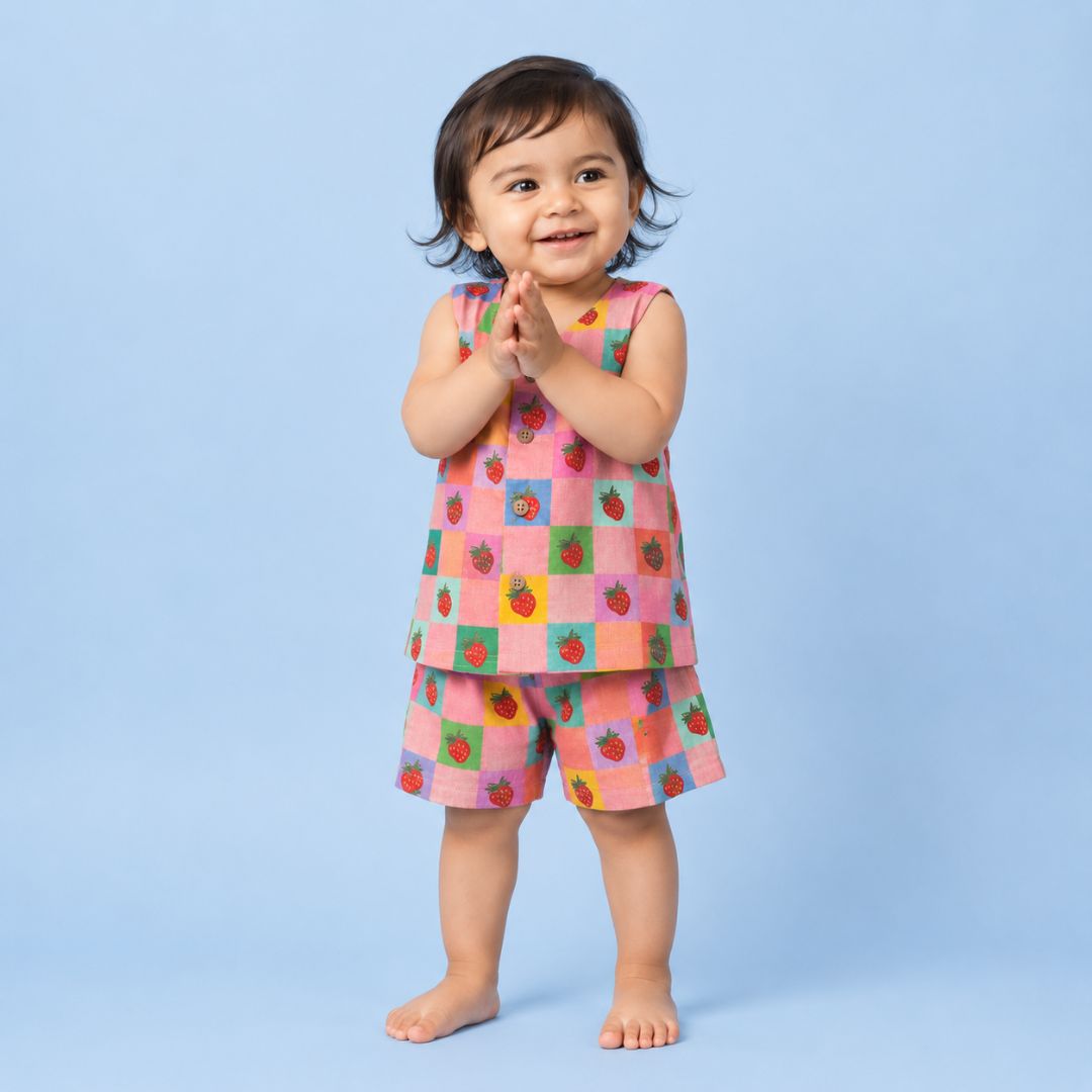 Cheerful Strawberries Jhabla Top with Shorts