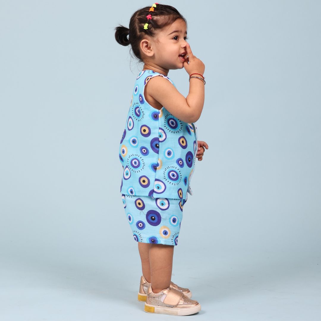 Blue Evil Eye Muslin Jhabla Top with Shorts
