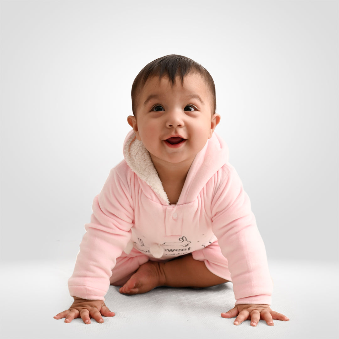 Sweet Rabbit Velvet Winter Romper with Sherpa - Pink