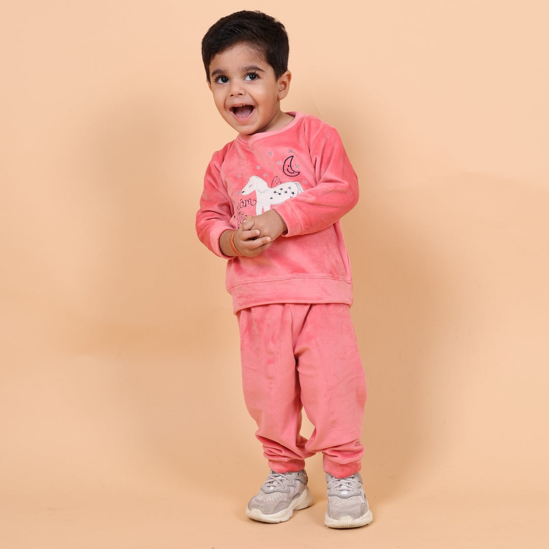 Dream With Unicorn Winter Velvet Co-Ord Set - Pink