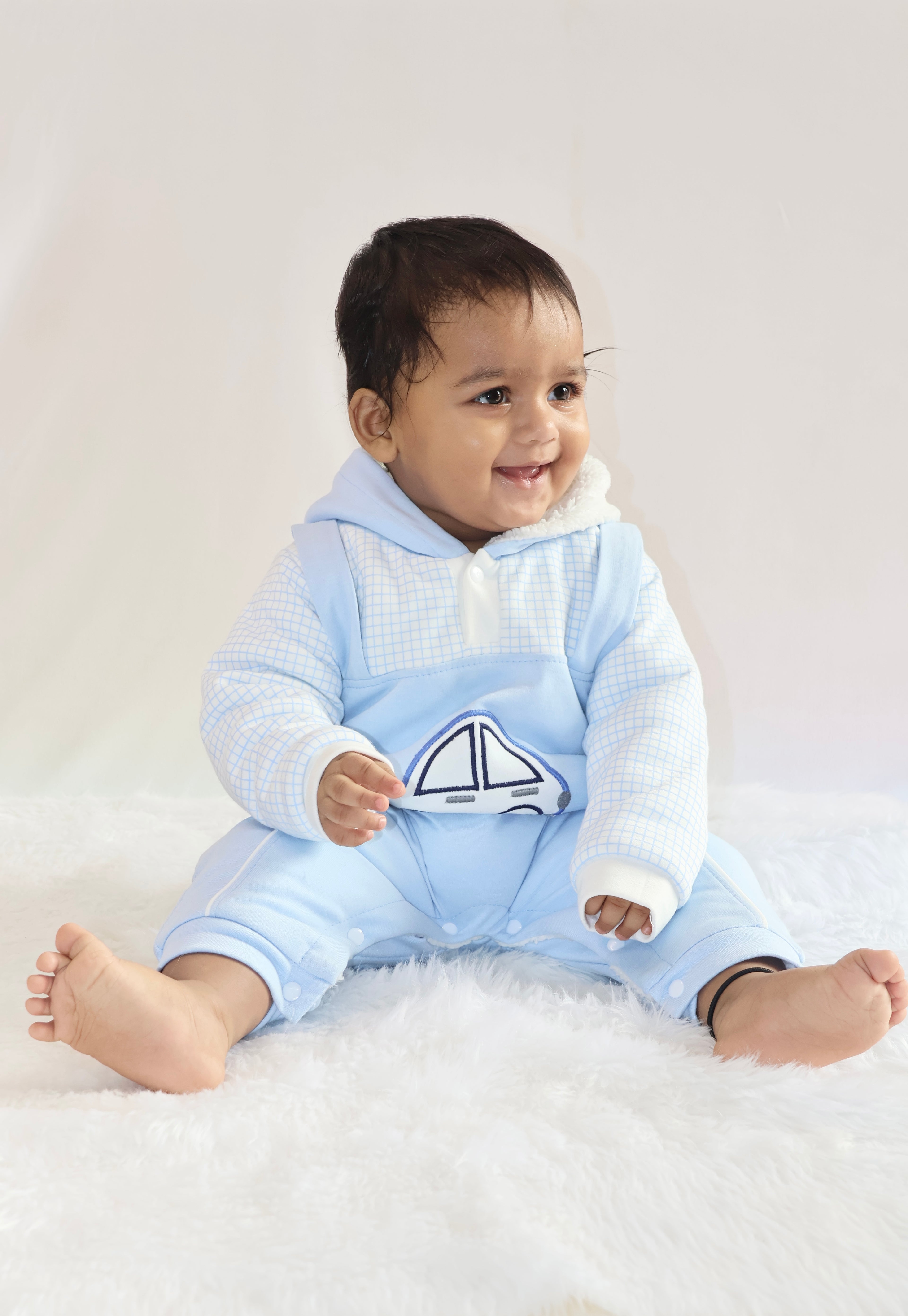 Blue car fleece romper with Sherpa