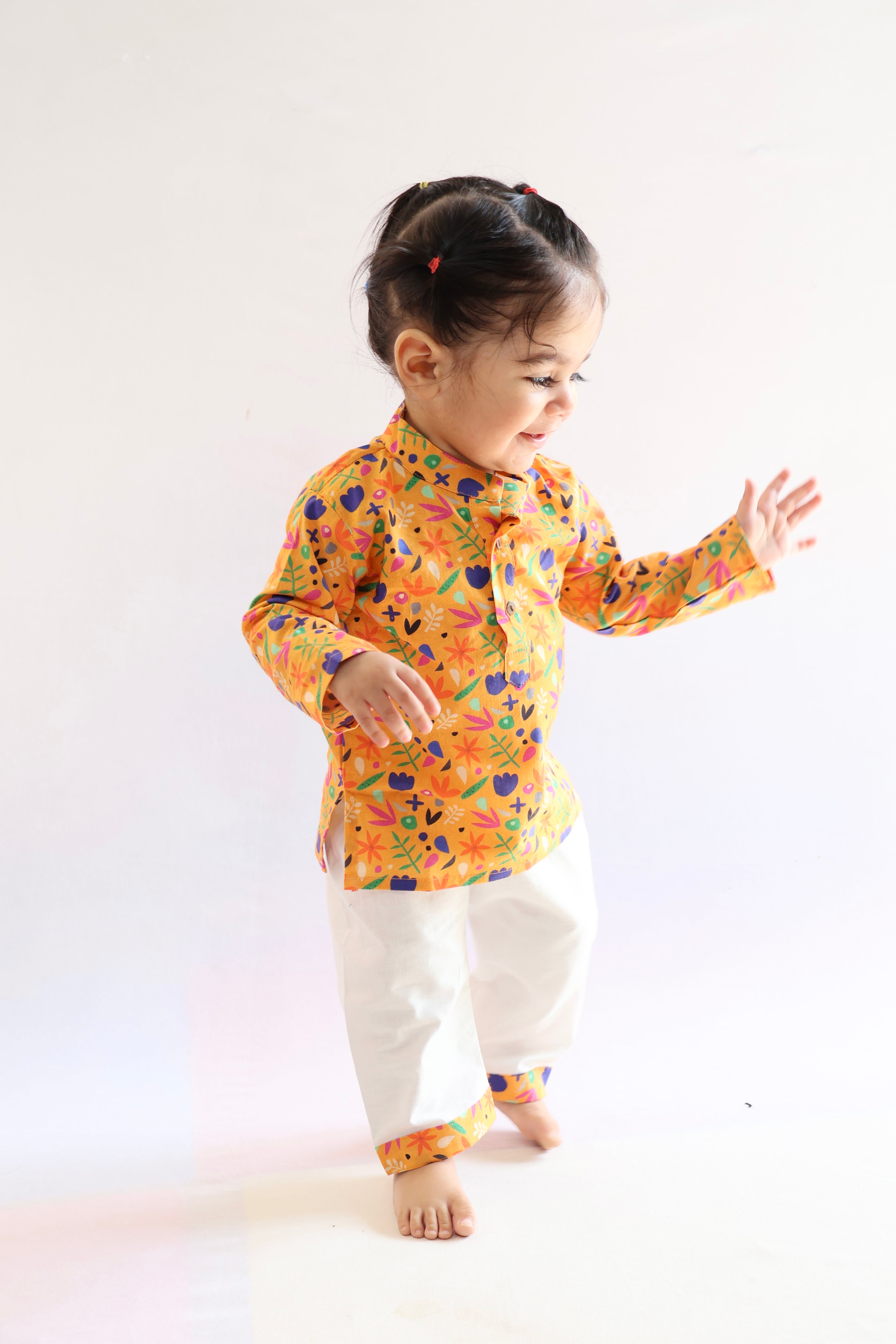 Orange Floral Cotton Kurta Set