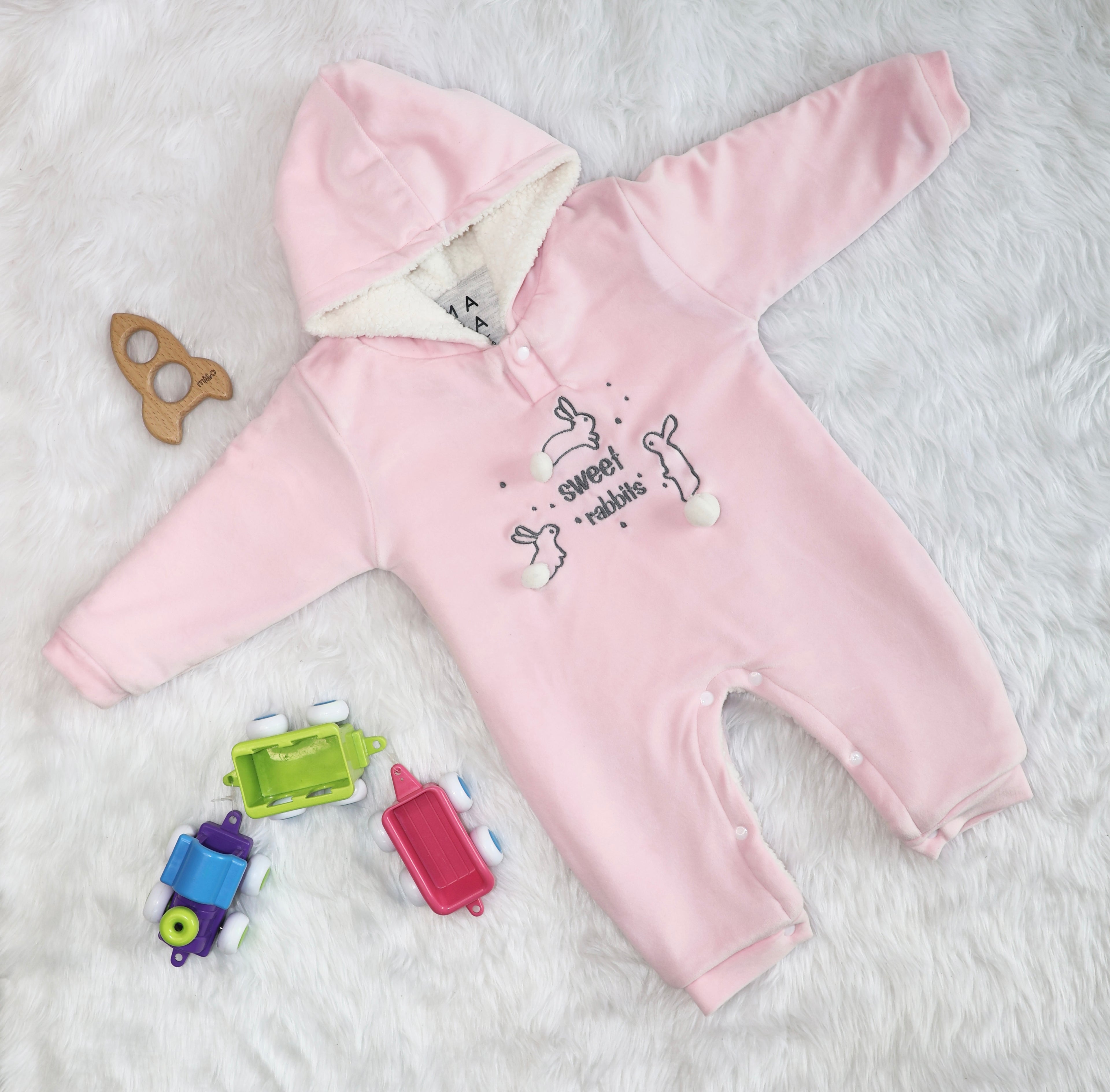 Sweet Rabbit Velvet Winter Romper with Sherpa - Pink