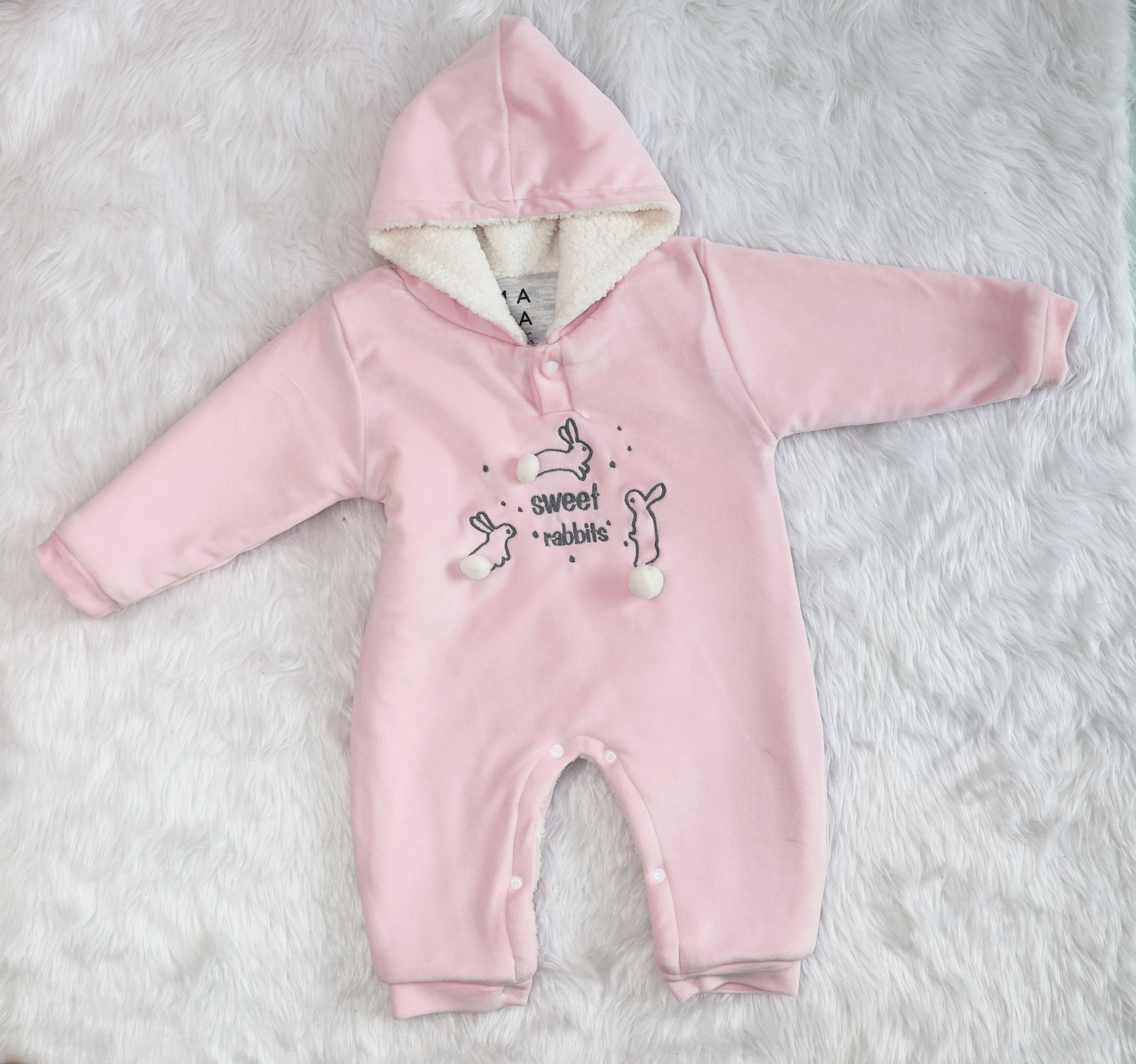 Sweet Rabbit Velvet Winter Romper with Sherpa - Pink