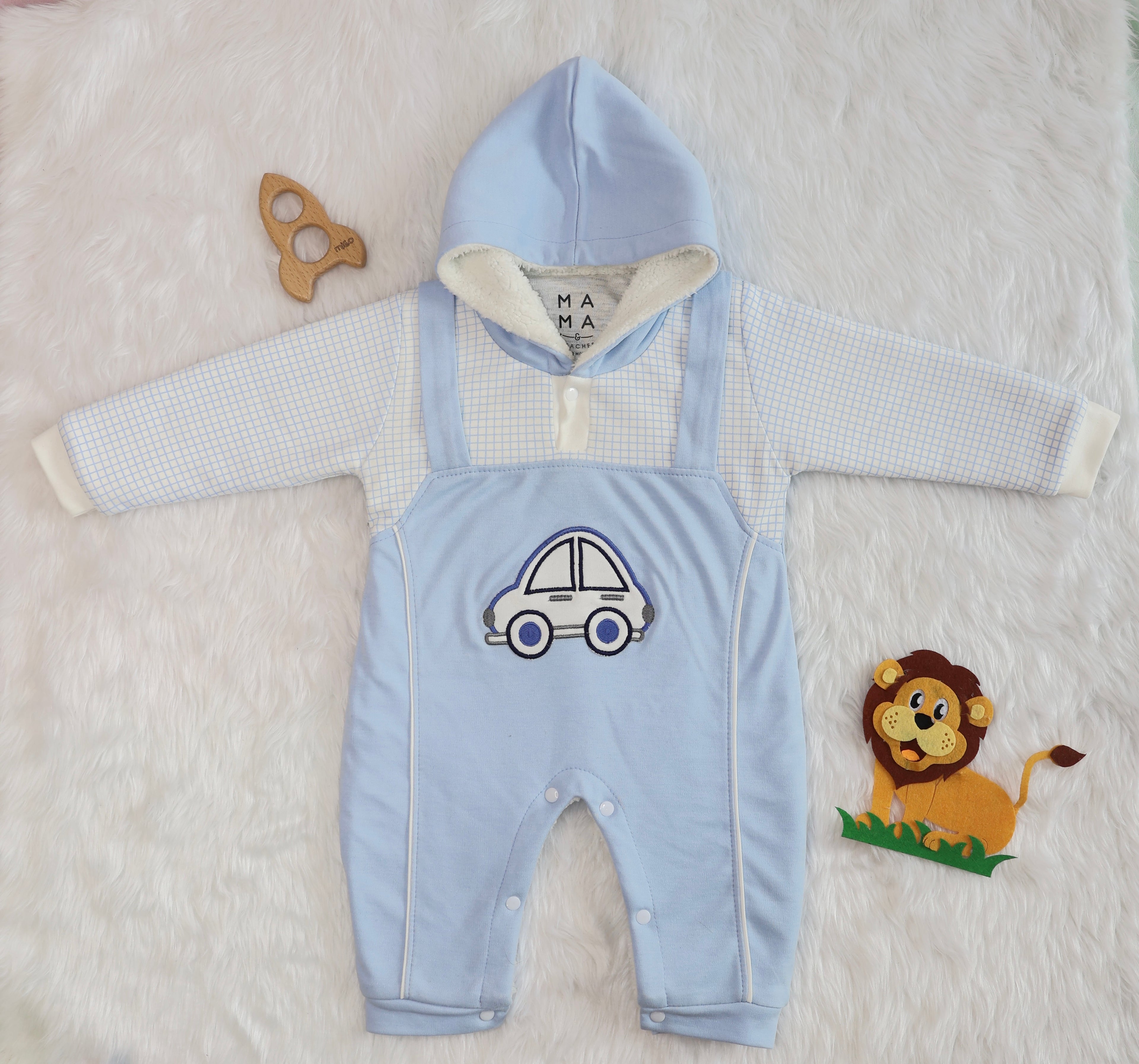 Blue car fleece romper with Sherpa