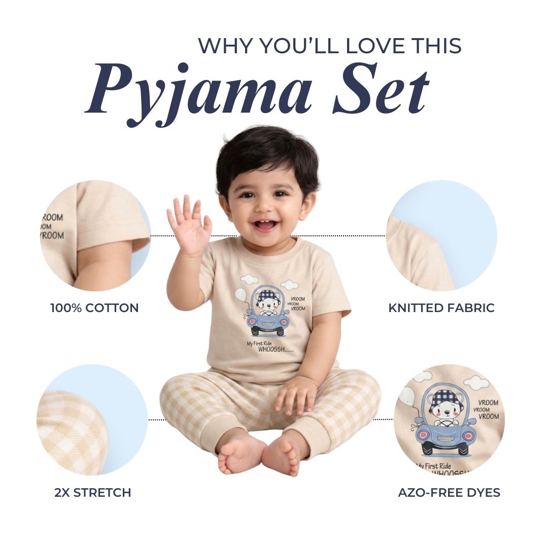 Beige Car Cotton Pyjama Set