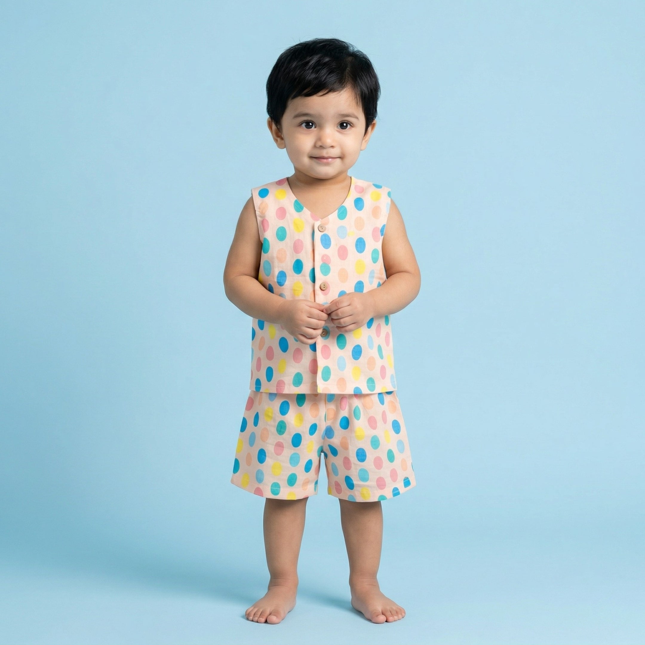 Colorful Polka Muslin Jhabla Top with Shorts