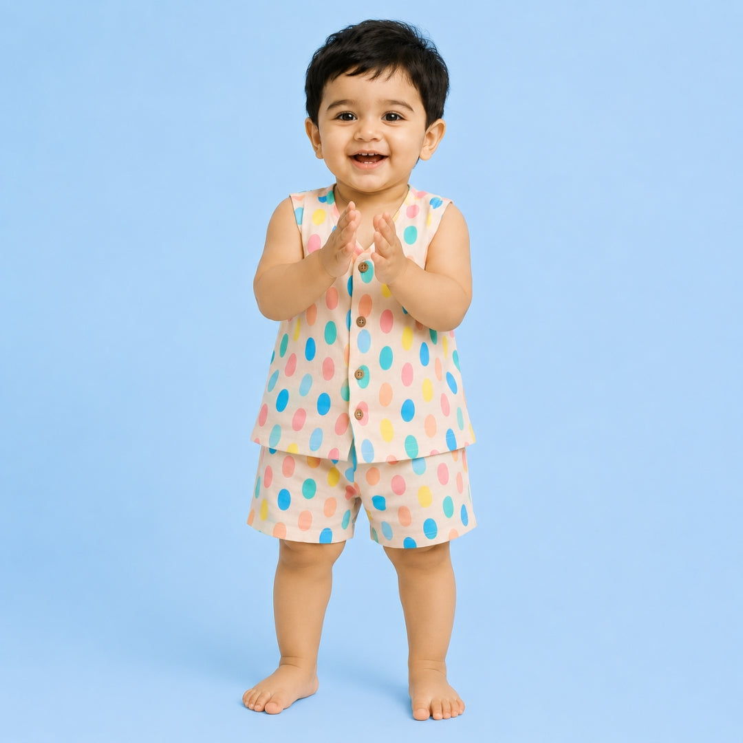 Colorful Polka Muslin Jhabla Top with Shorts