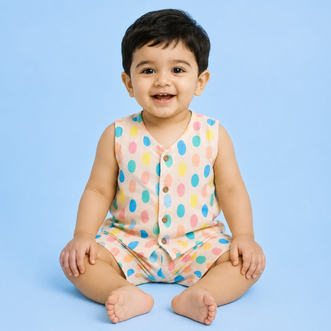 Colorful Polka Muslin Jhabla Top with Shorts