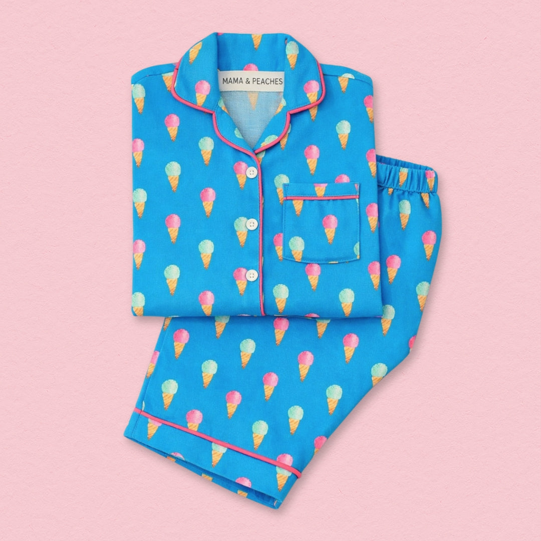 Ice cream Dreams Full Sleeves Night Suit. A cozy, light blue night suit with a playful ice cream print.