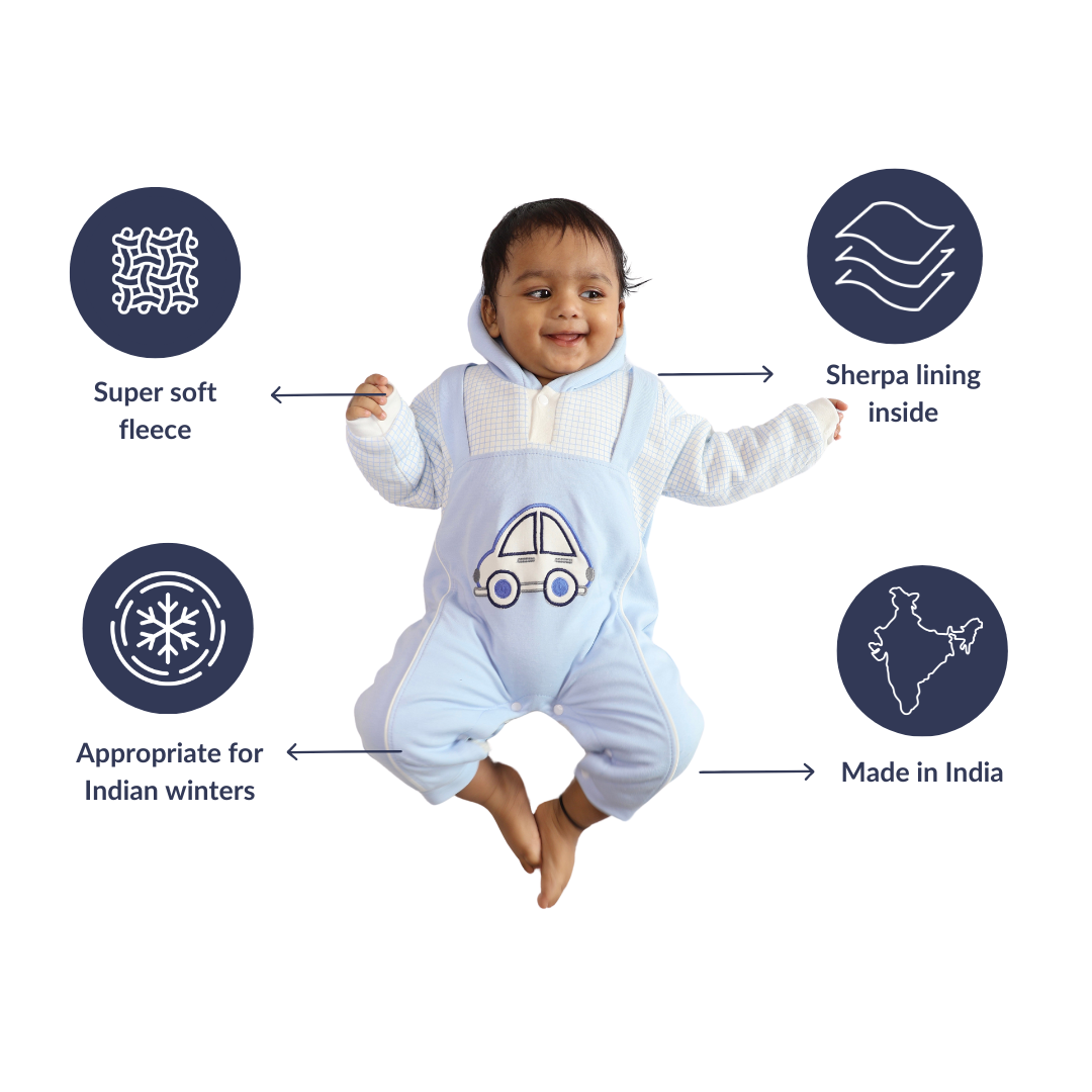 Blue Car Fleece Winter Romper with Sherpa