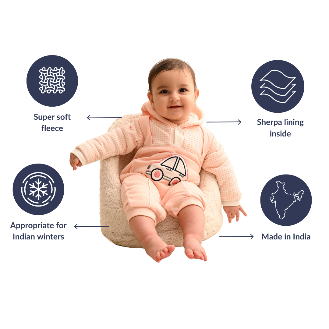 Pink Car Fleece Winter Romper with Sherpa