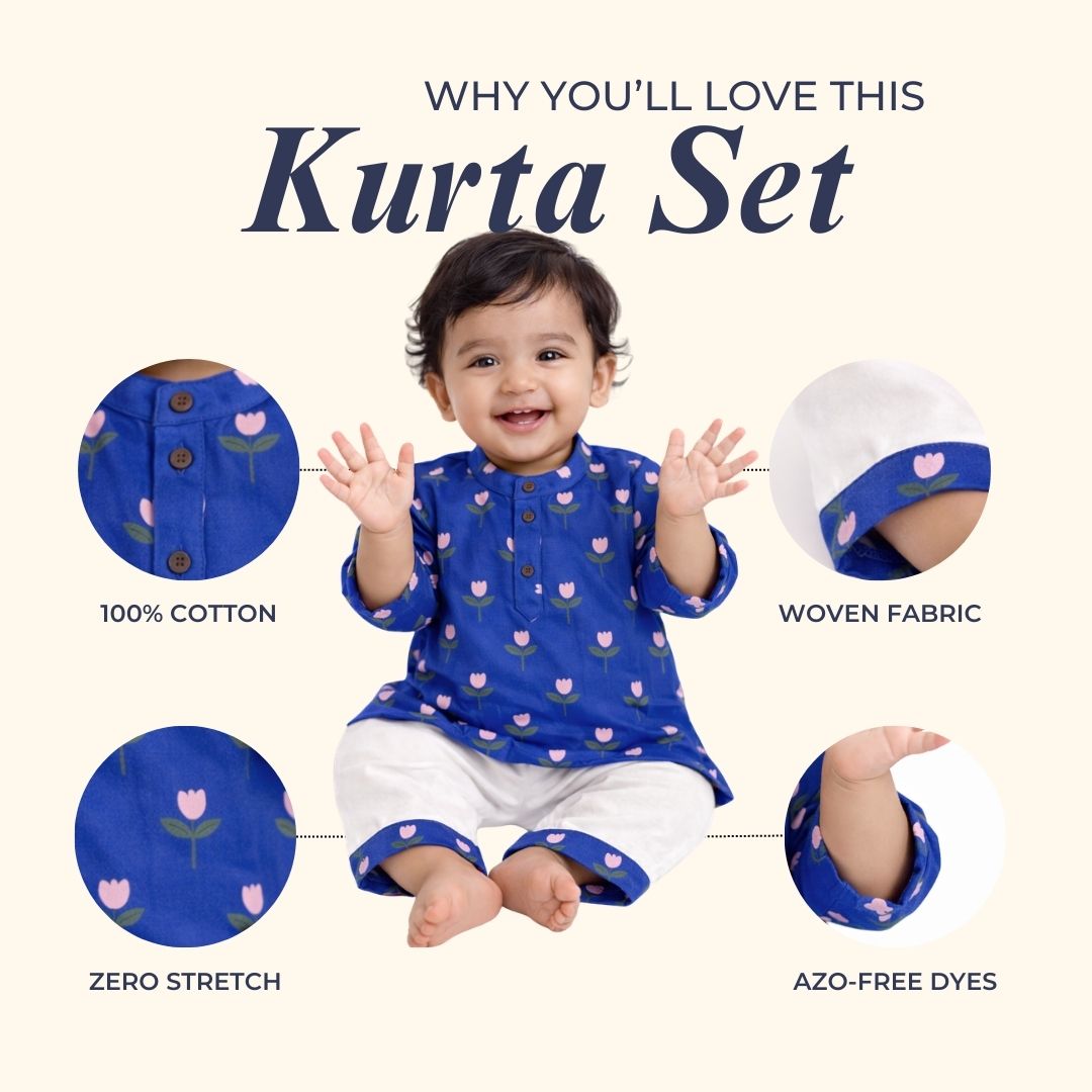 Pretty Flower Royal Blue Cotton Kurta Set