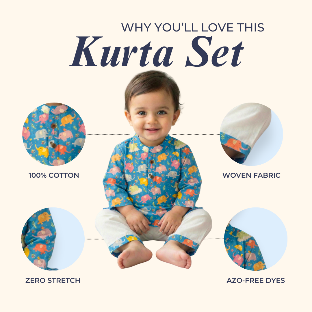Dancing Elephants Blue Kurta Set