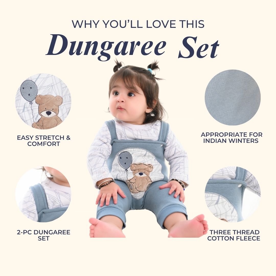 Blue Teddy 2-Pc Fleece Romper & Dungaree Set