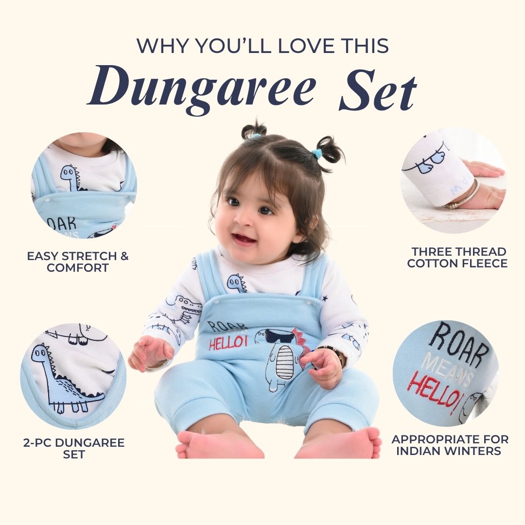 Blue Dino 2-Pc Fleece Romper & Dungaree Set