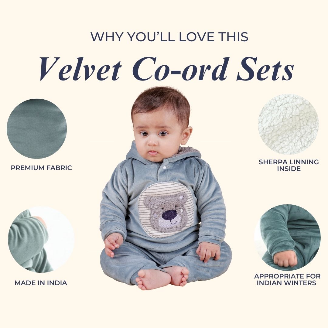 Teddy Bear Patch Velvet Winter Co-ord Set with Sherpa - Aqua