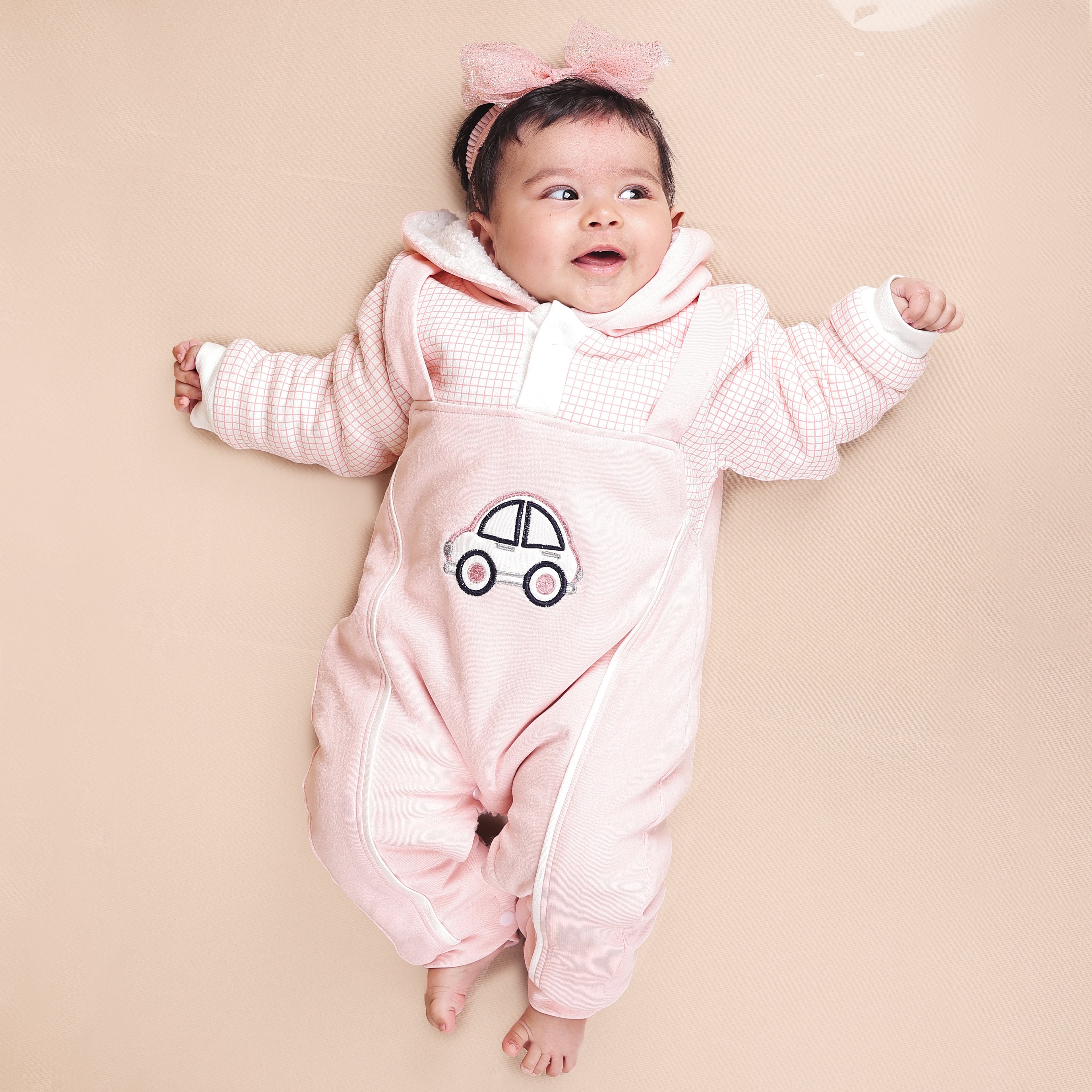 Pink Car Fleece Winter Romper with Sherpa